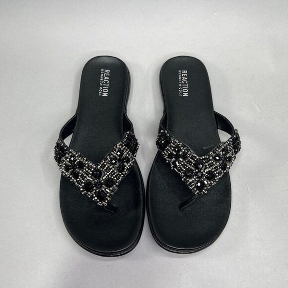 Kenneth Cole Glam-Athon Sandals Women's Size 9.5 Black Leather Beaded Flip Flops - Picture 3 of 8